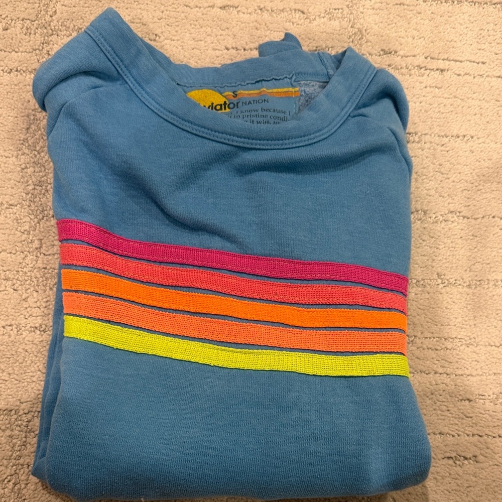 Aviator Nation Blue Sweatshirt with Rainbow Stripes